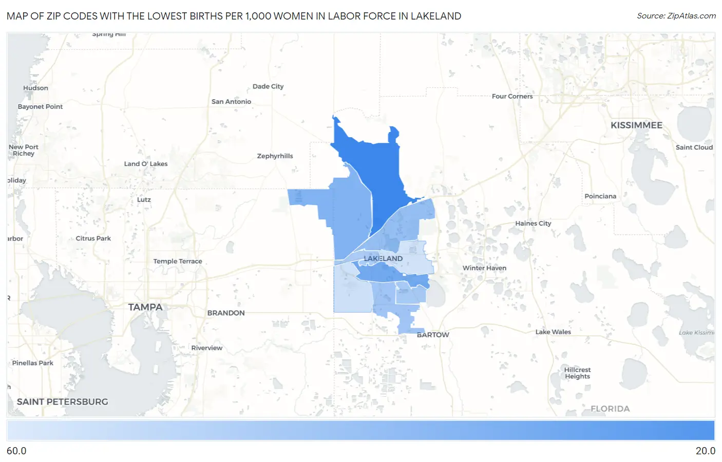 Zip Codes with the Lowest Births per 1,000 Women in Labor Force in Lakeland Map