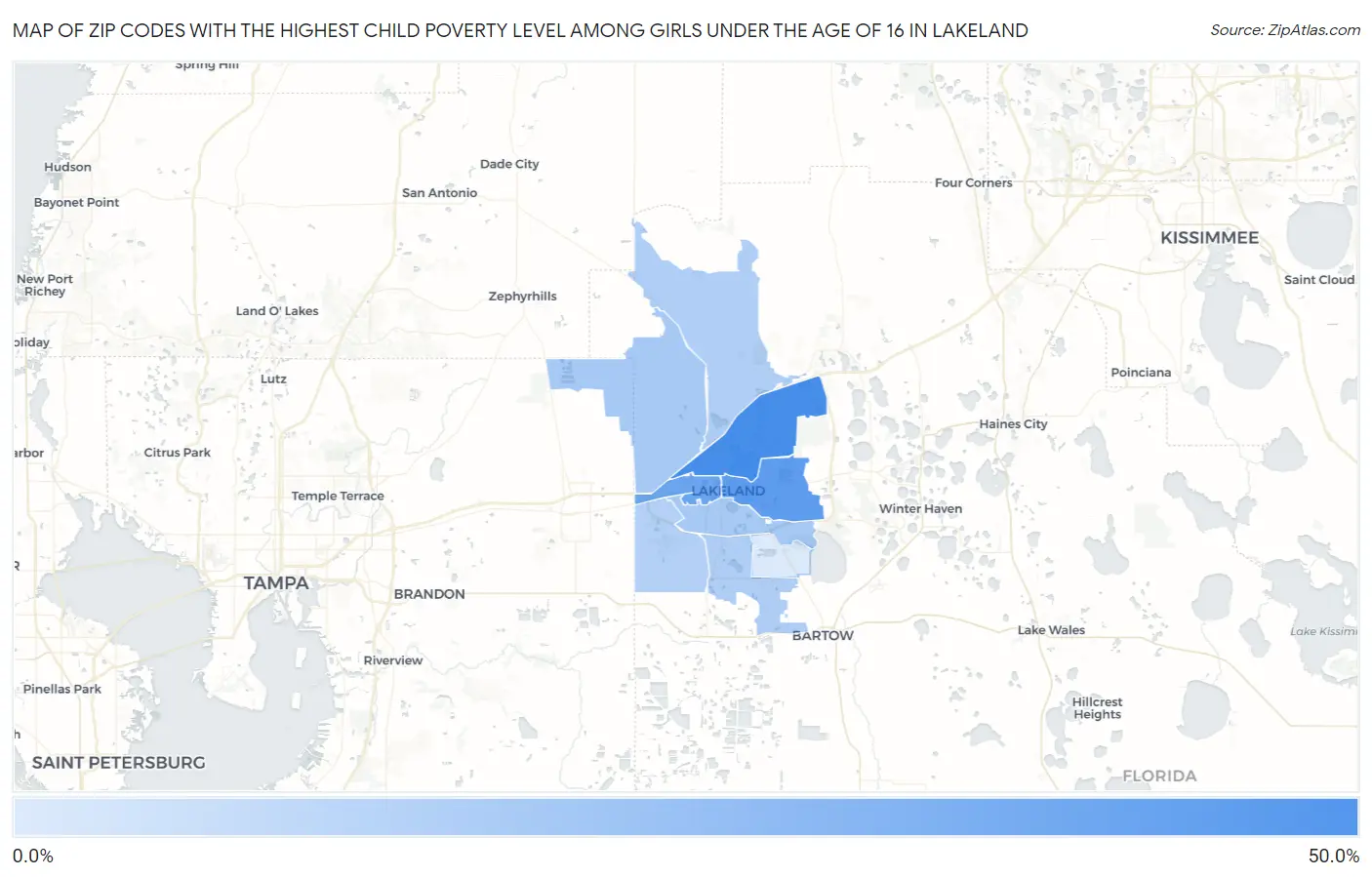 Zip Codes with the Highest Child Poverty Level Among Girls Under the Age of 16 in Lakeland Map