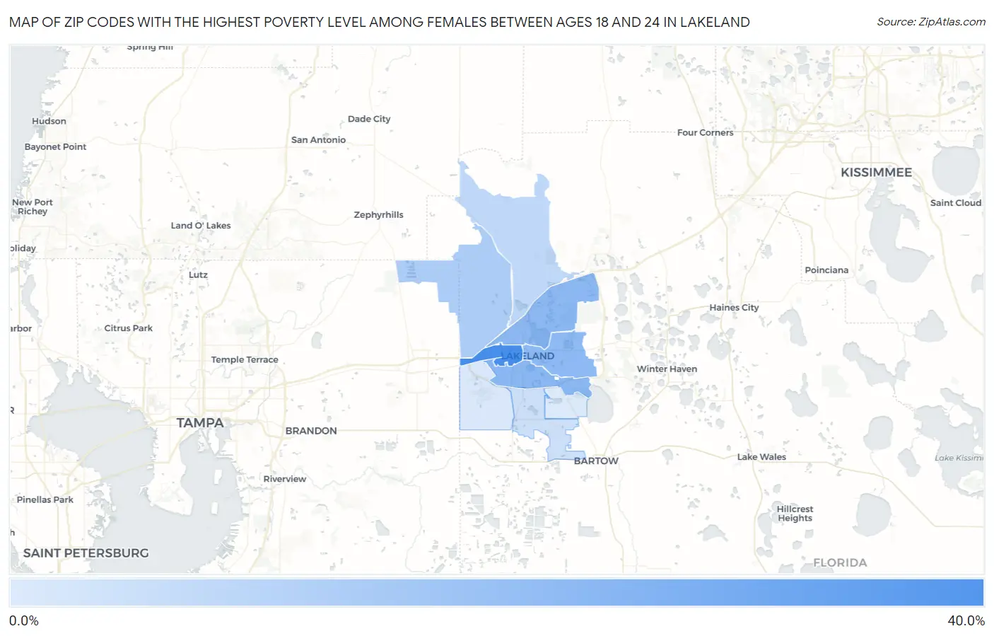 Zip Codes with the Highest Poverty Level Among Females Between Ages 18 and 24 in Lakeland Map