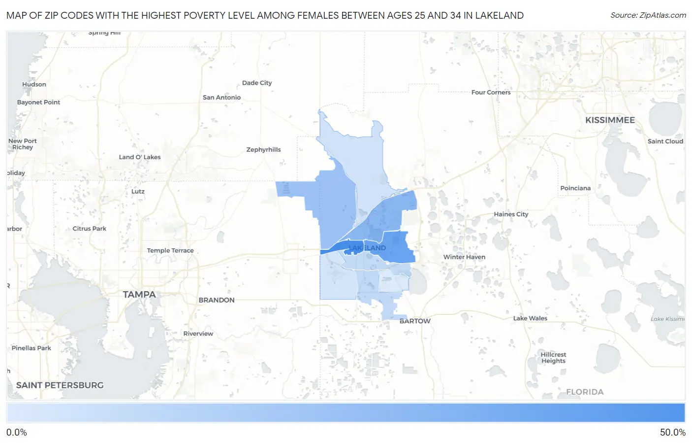 Zip Codes with the Highest Poverty Level Among Females Between Ages 25 and 34 in Lakeland Map