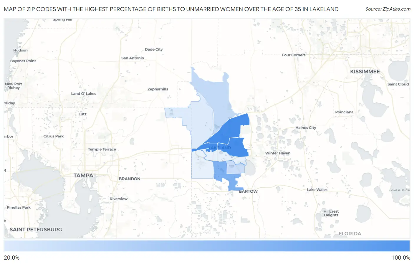 Zip Codes with the Highest Percentage of Births to Unmarried Women over the Age of 35 in Lakeland Map