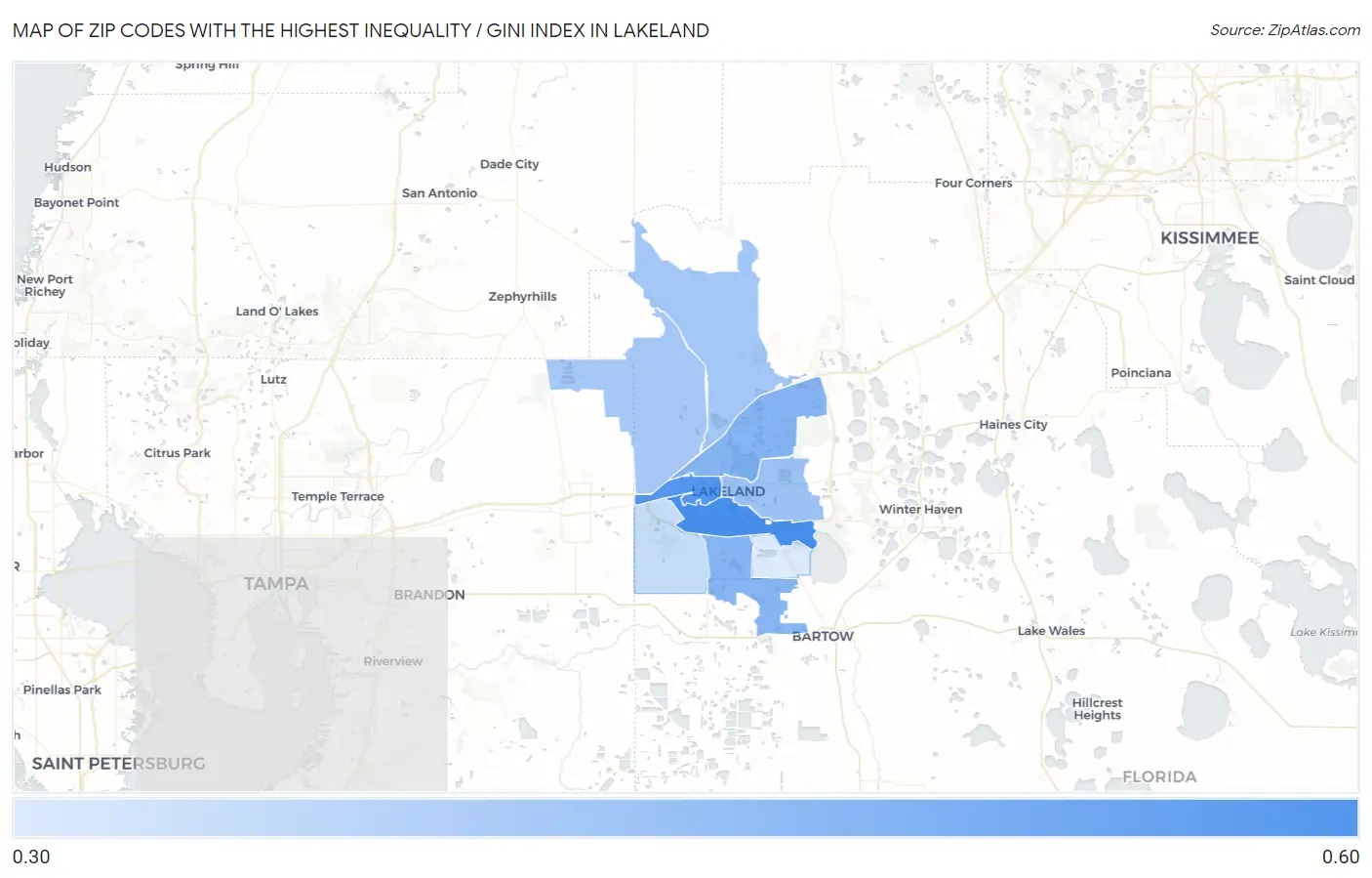 Zip Codes with the Highest Inequality / Gini Index in Lakeland Map