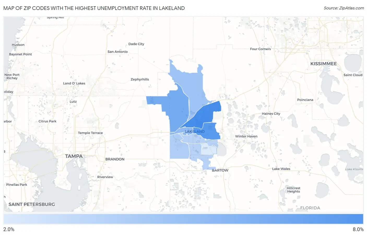 Zip Codes with the Highest Unemployment Rate in Lakeland Map