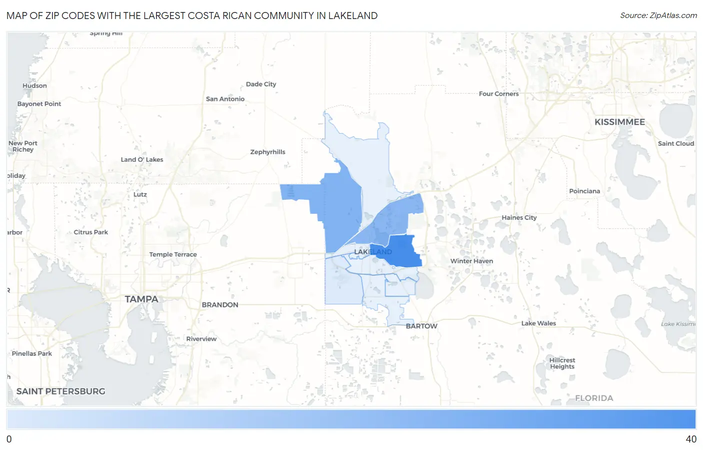 Zip Codes with the Largest Costa Rican Community in Lakeland Map