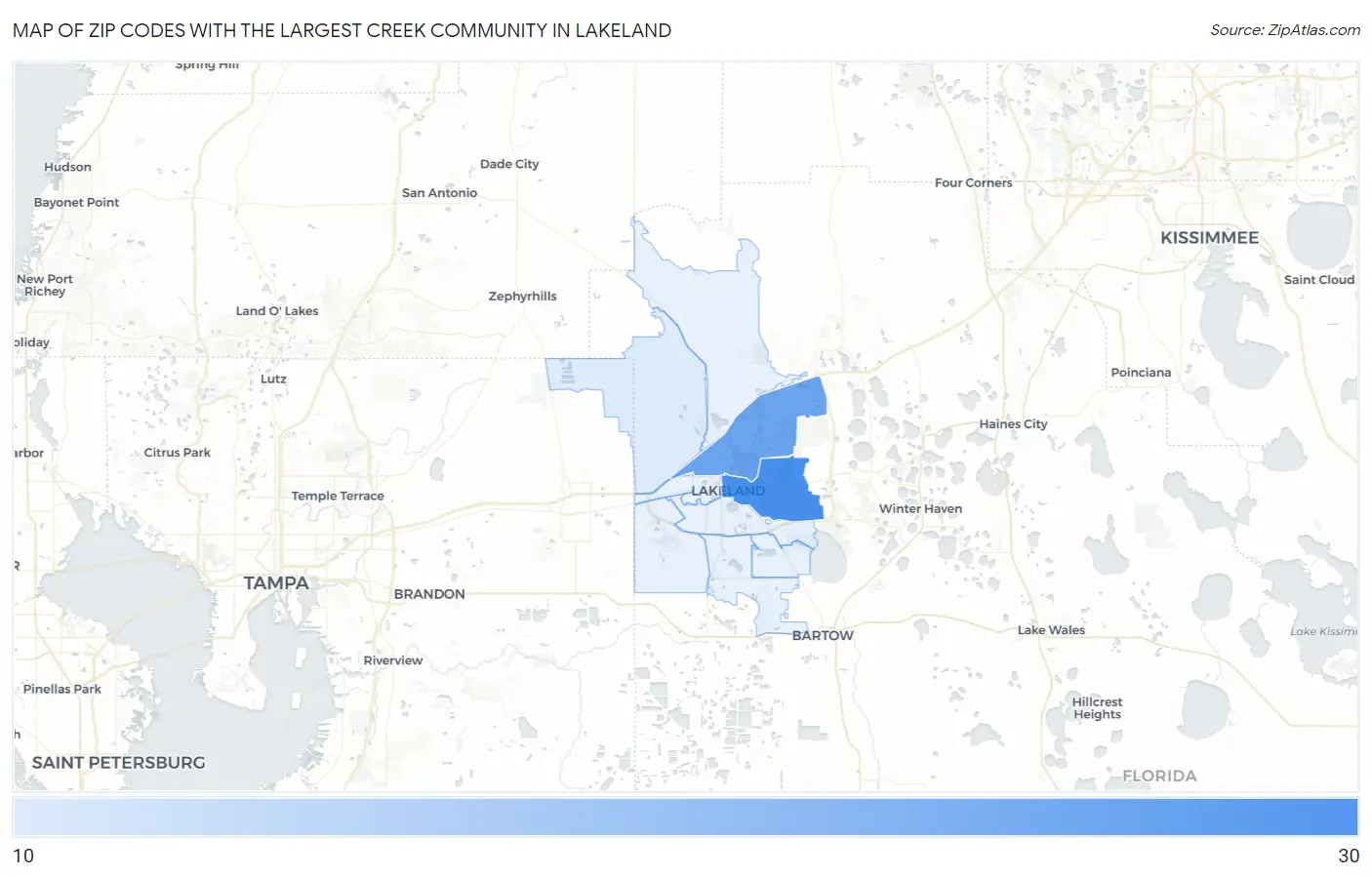 Zip Codes with the Largest Creek Community in Lakeland Map