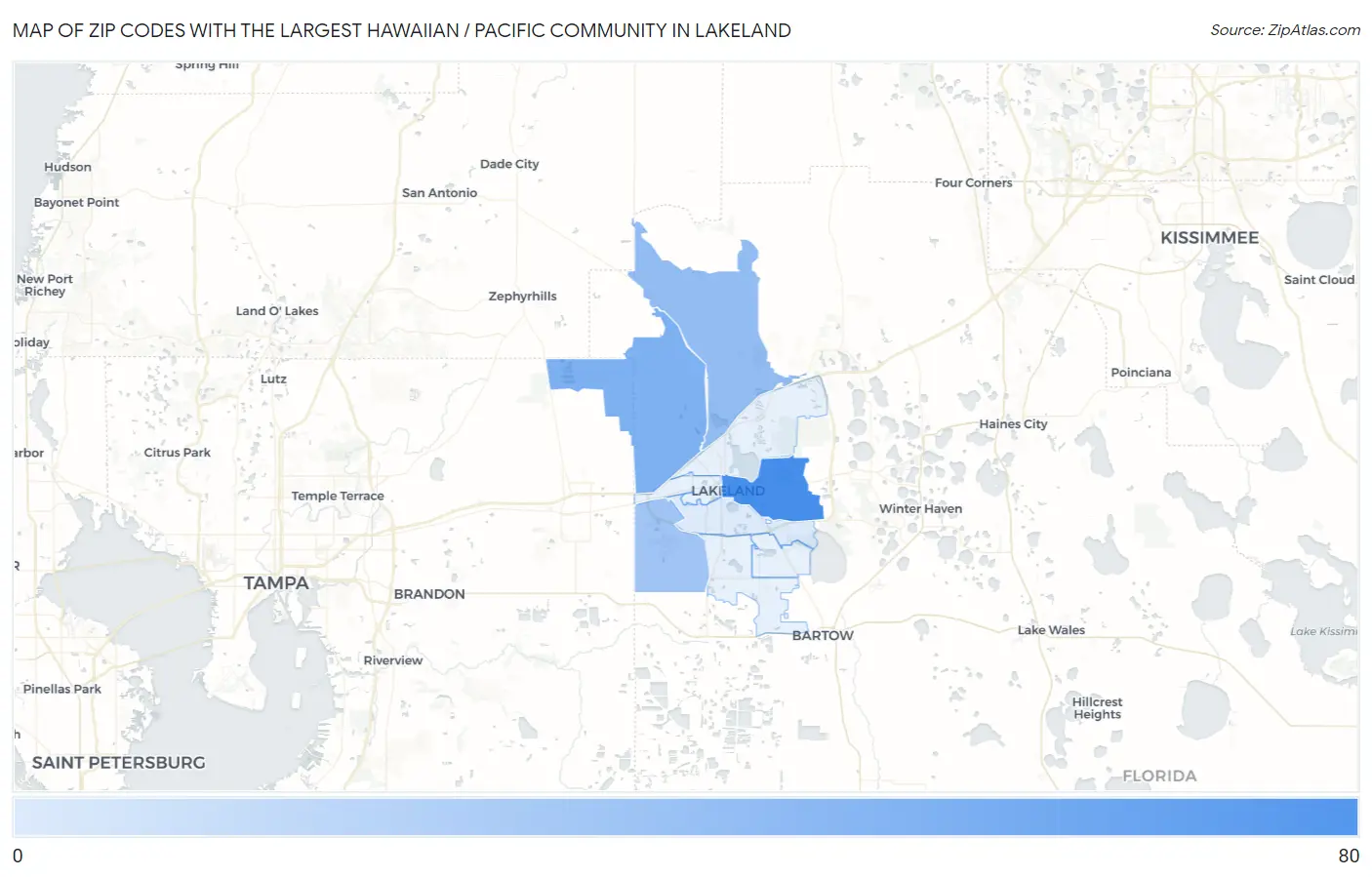 Zip Codes with the Largest Hawaiian / Pacific Community in Lakeland Map