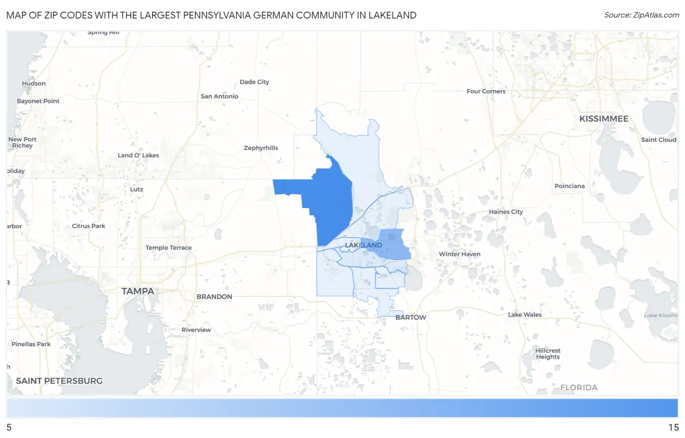 Zip Codes with the Largest Pennsylvania German Community in Lakeland Map