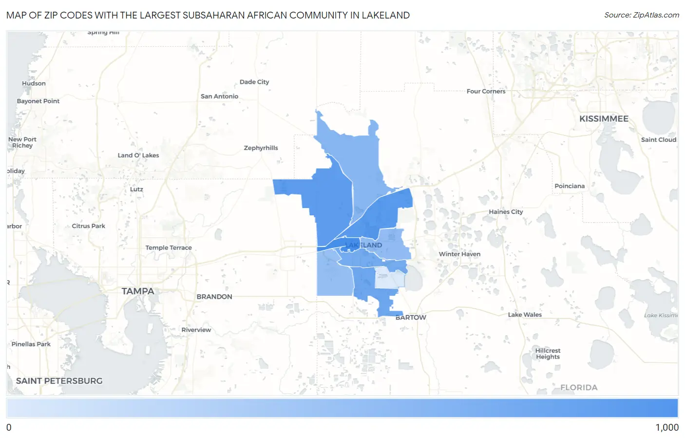Zip Codes with the Largest Subsaharan African Community in Lakeland Map