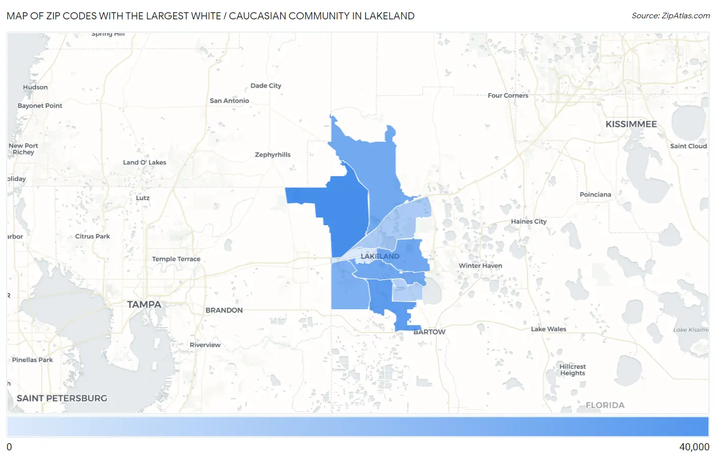 Zip Codes with the Largest White / Caucasian Community in Lakeland Map