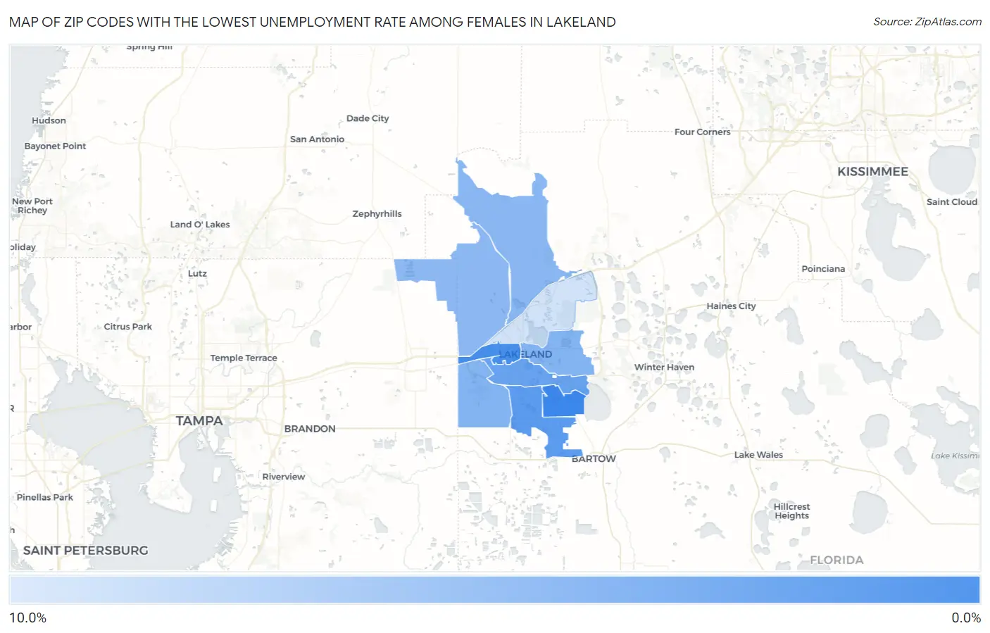 Zip Codes with the Lowest Unemployment Rate Among Females in Lakeland Map