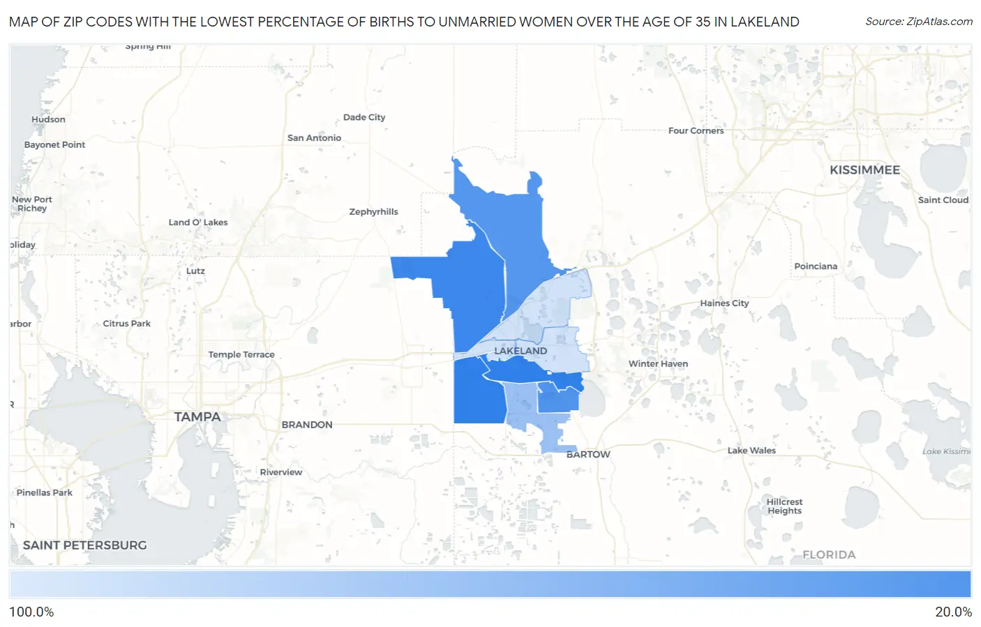 Zip Codes with the Lowest Percentage of Births to Unmarried Women over the Age of 35 in Lakeland Map