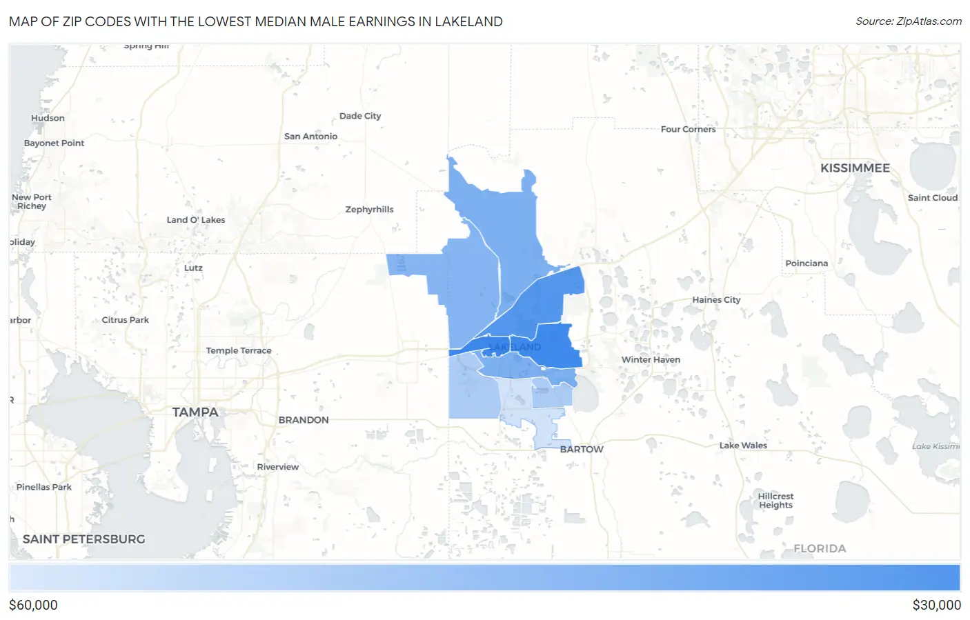 Zip Codes with the Lowest Median Male Earnings in Lakeland Map