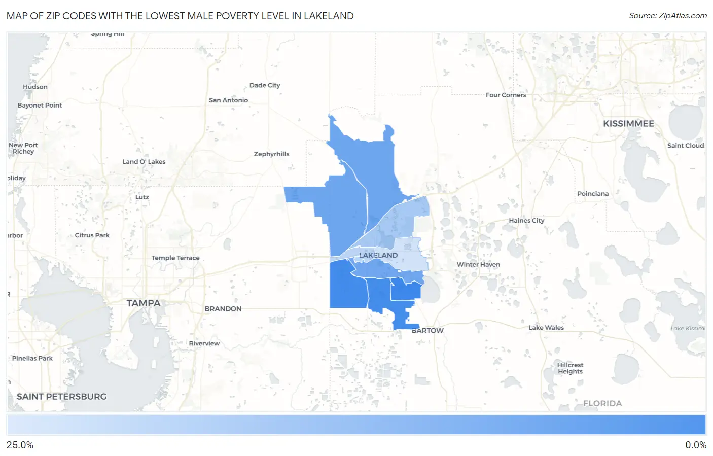 Zip Codes with the Lowest Male Poverty Level in Lakeland Map
