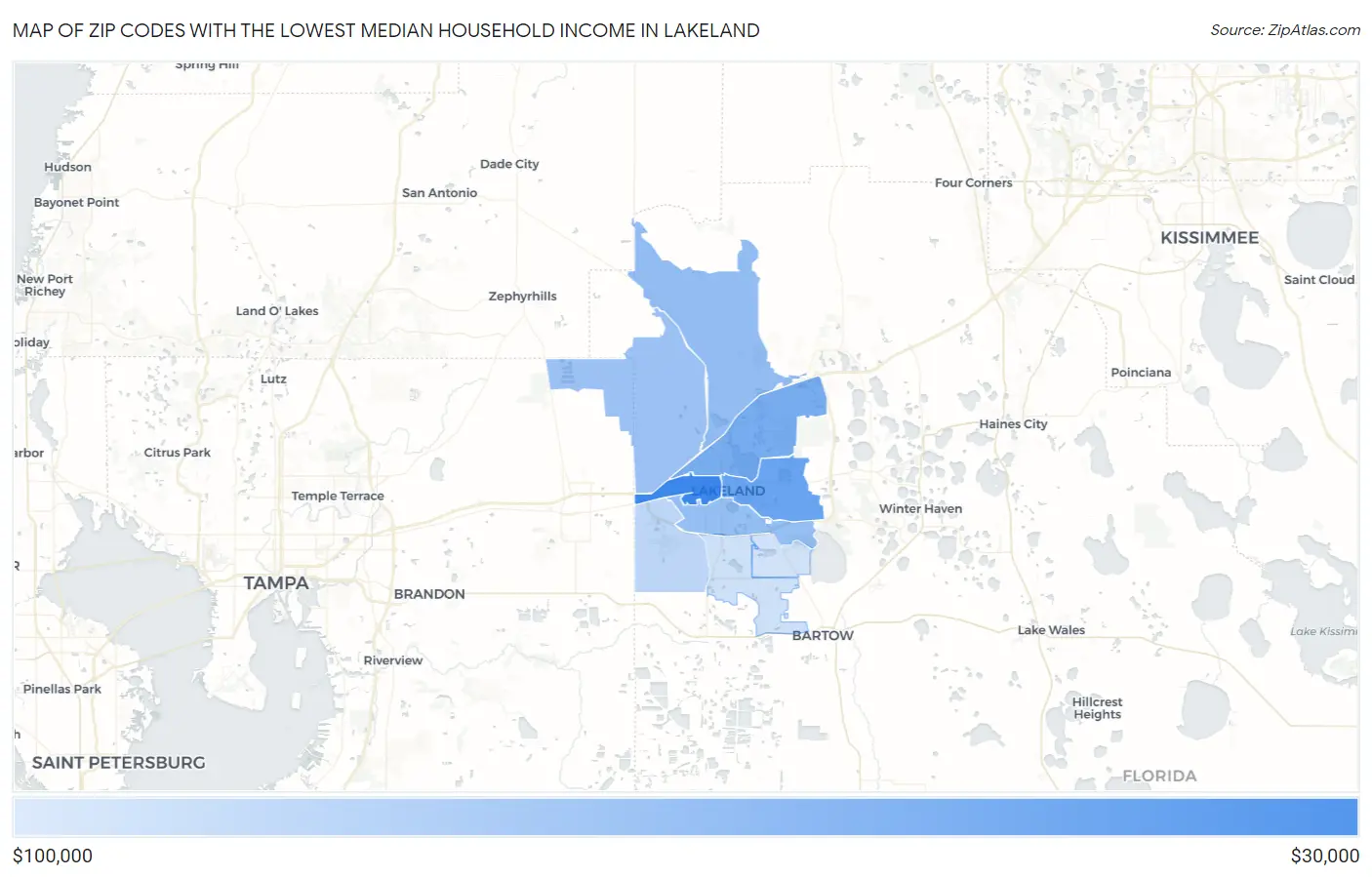 Zip Codes with the Lowest Median Household Income in Lakeland Map