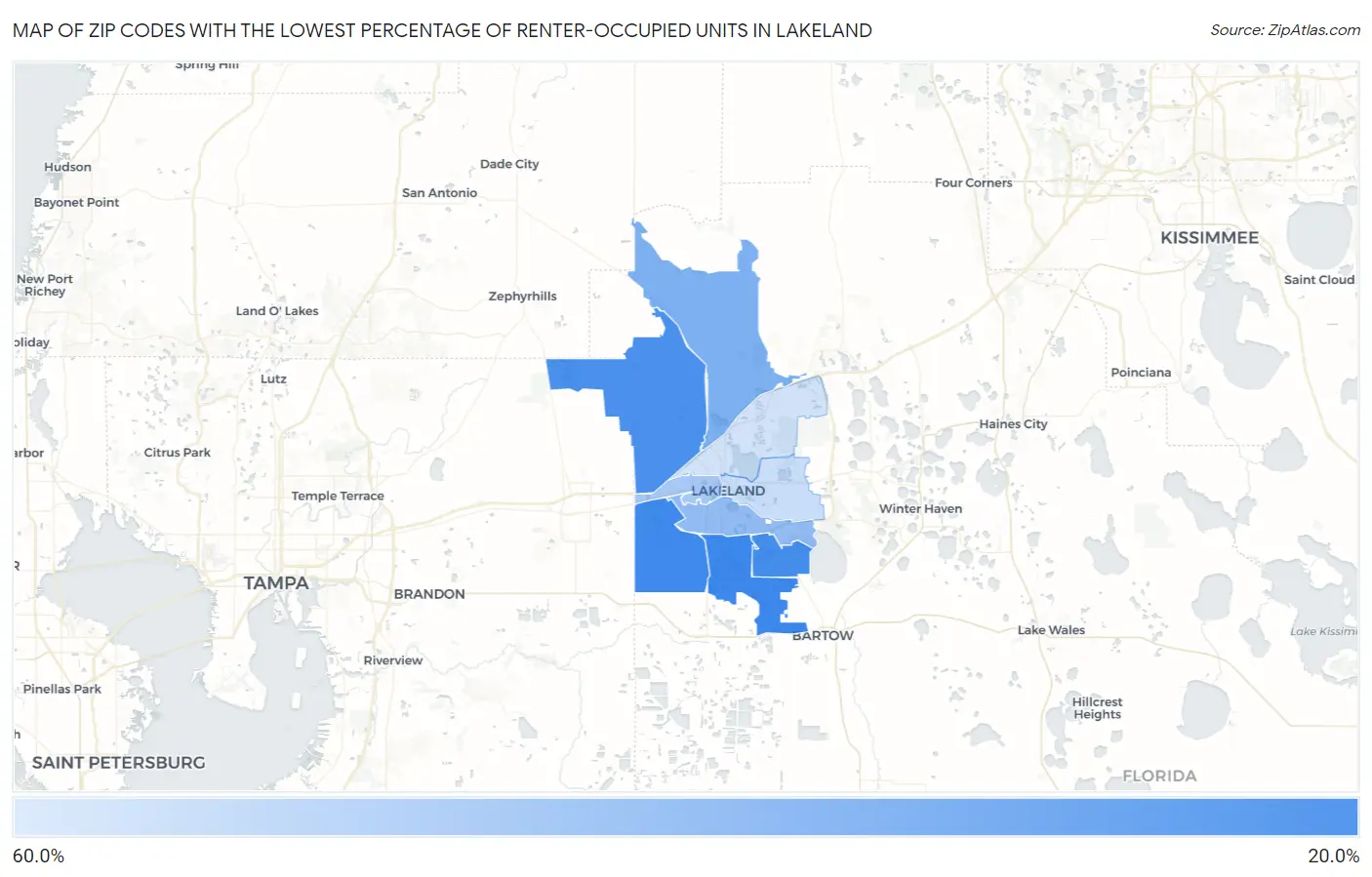 Zip Codes with the Lowest Percentage of Renter-Occupied Units in Lakeland Map