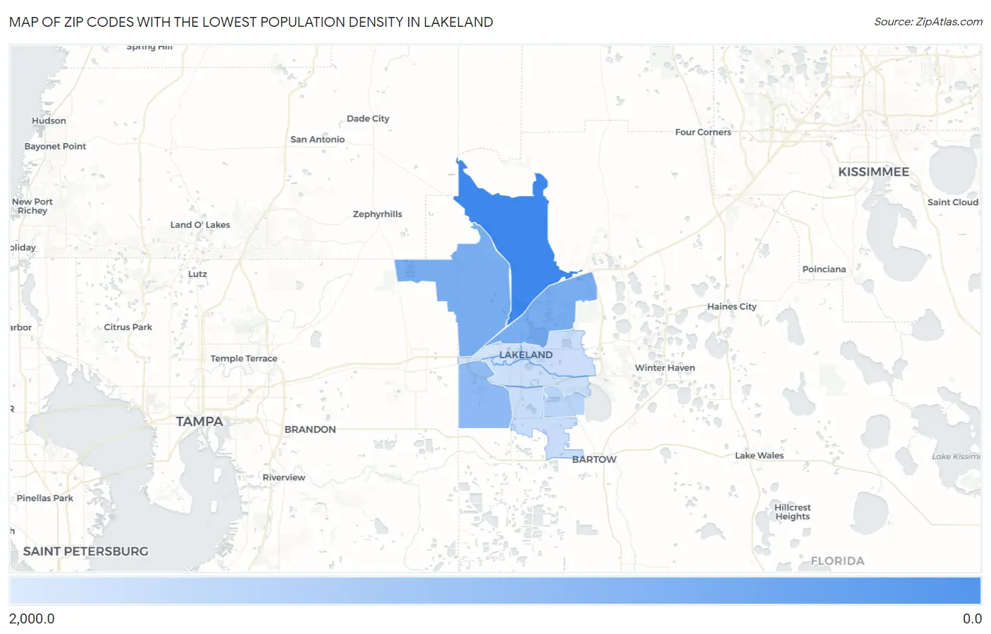 Zip Codes with the Lowest Population Density in Lakeland Map