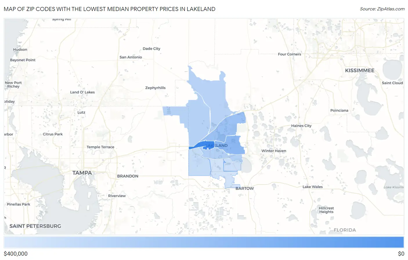 Zip Codes with the Lowest Median Property Prices in Lakeland Map