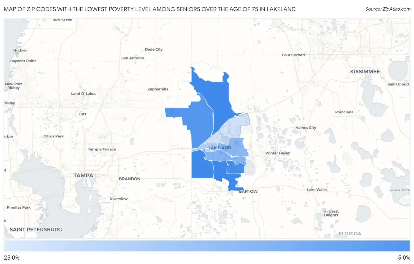 Zip Codes with the Lowest Poverty Level Among Seniors Over the Age of 75 in Lakeland Map