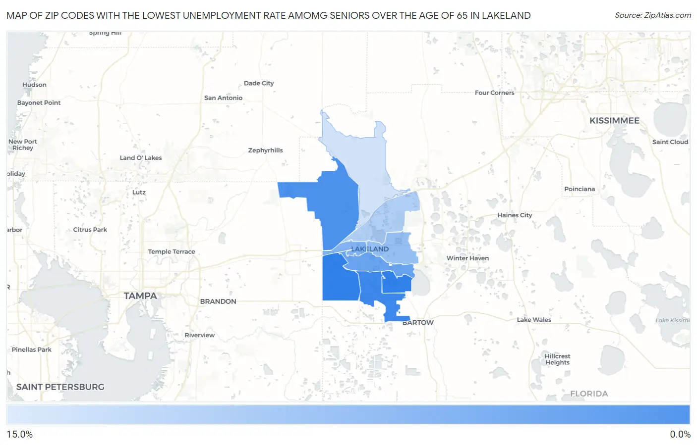 Zip Codes with the Lowest Unemployment Rate Amomg Seniors Over the Age of 65 in Lakeland Map