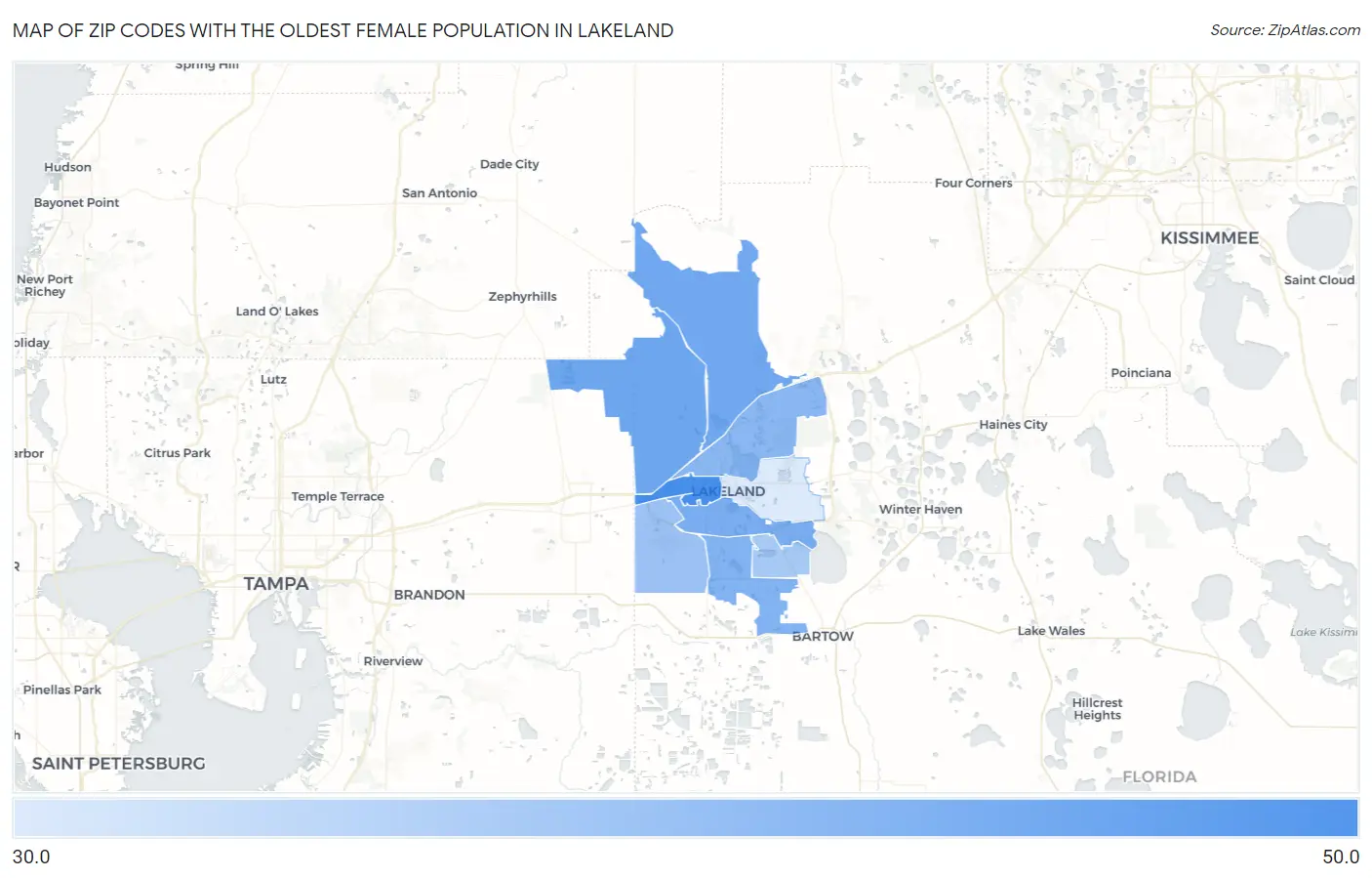 Zip Codes with the Oldest Female Population in Lakeland Map