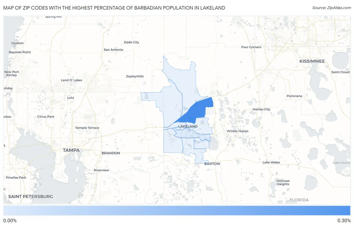 Zip Codes with the Highest Percentage of Barbadian Population in Lakeland Map