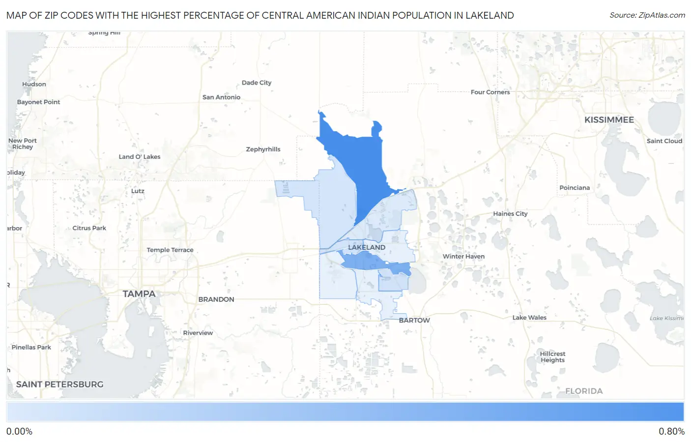 Zip Codes with the Highest Percentage of Central American Indian Population in Lakeland Map