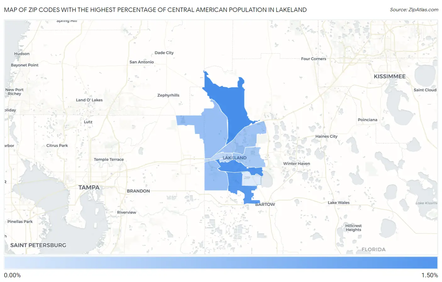 Zip Codes with the Highest Percentage of Central American Population in Lakeland Map
