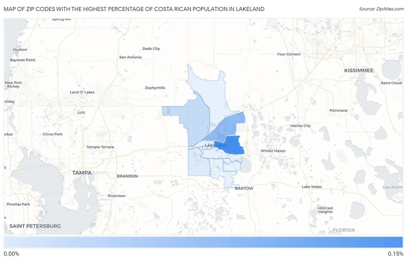Zip Codes with the Highest Percentage of Costa Rican Population in Lakeland Map