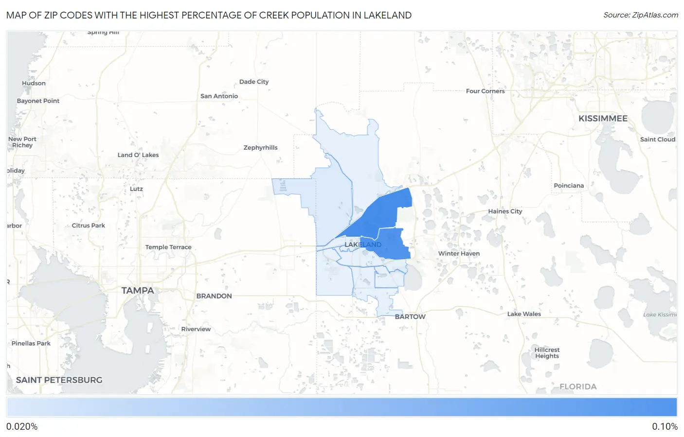 Zip Codes with the Highest Percentage of Creek Population in Lakeland Map