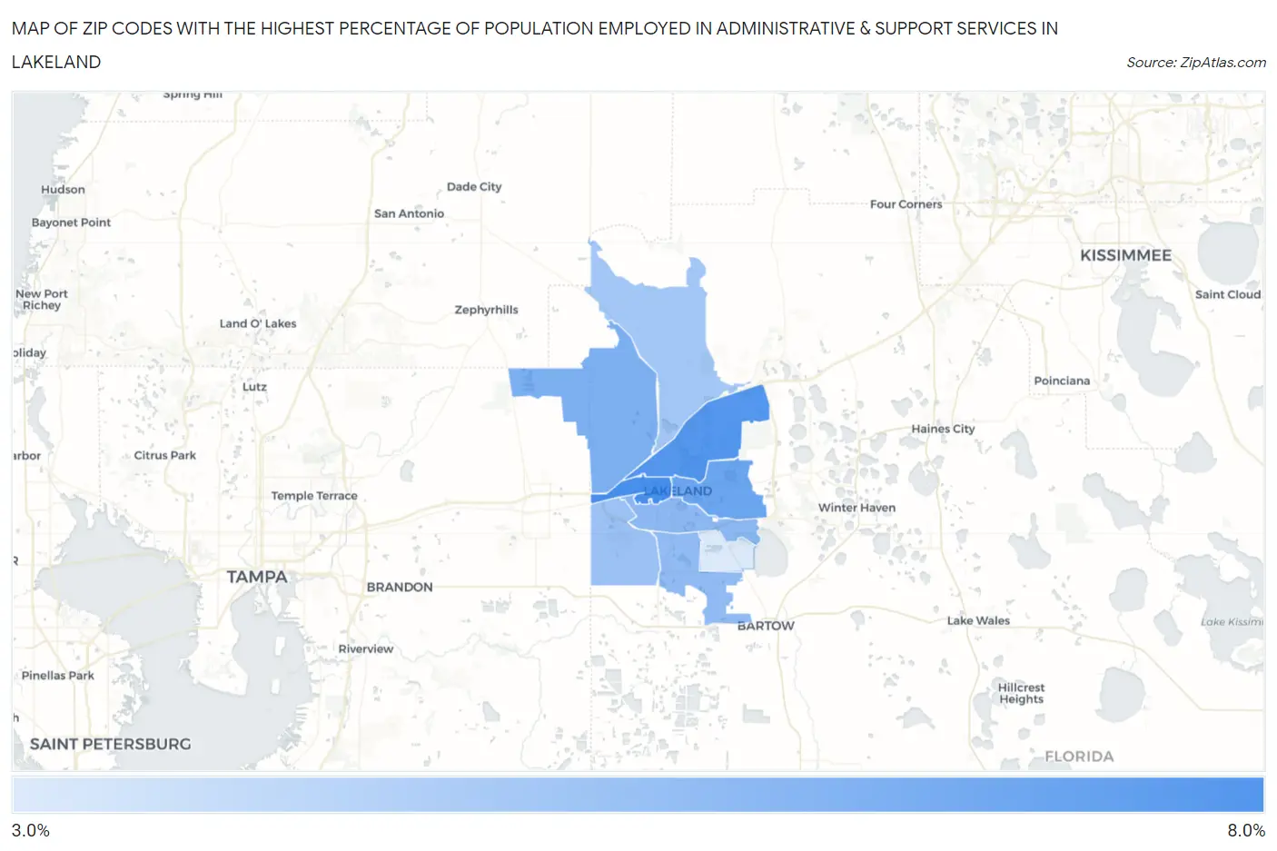 Zip Codes with the Highest Percentage of Population Employed in Administrative & Support Services in Lakeland Map