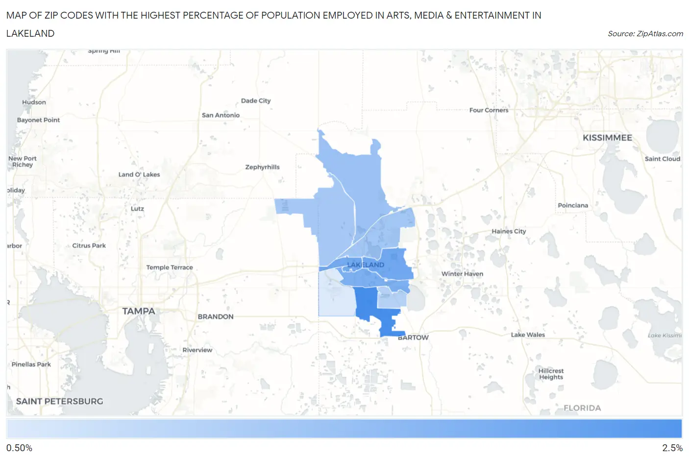 Zip Codes with the Highest Percentage of Population Employed in Arts, Media & Entertainment in Lakeland Map