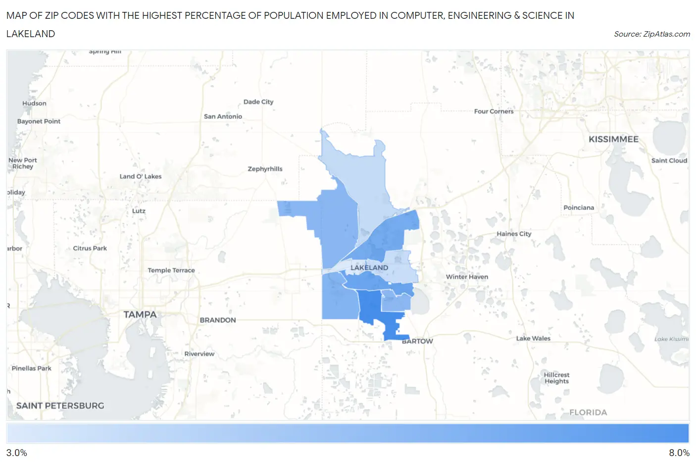 Zip Codes with the Highest Percentage of Population Employed in Computer, Engineering & Science in Lakeland Map