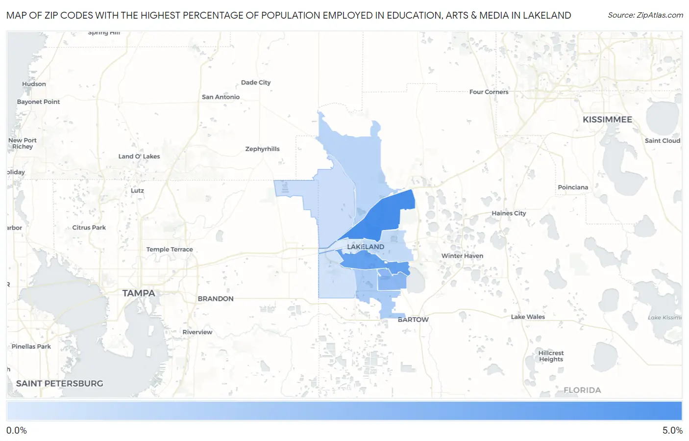 Zip Codes with the Highest Percentage of Population Employed in Education, Arts & Media in Lakeland Map