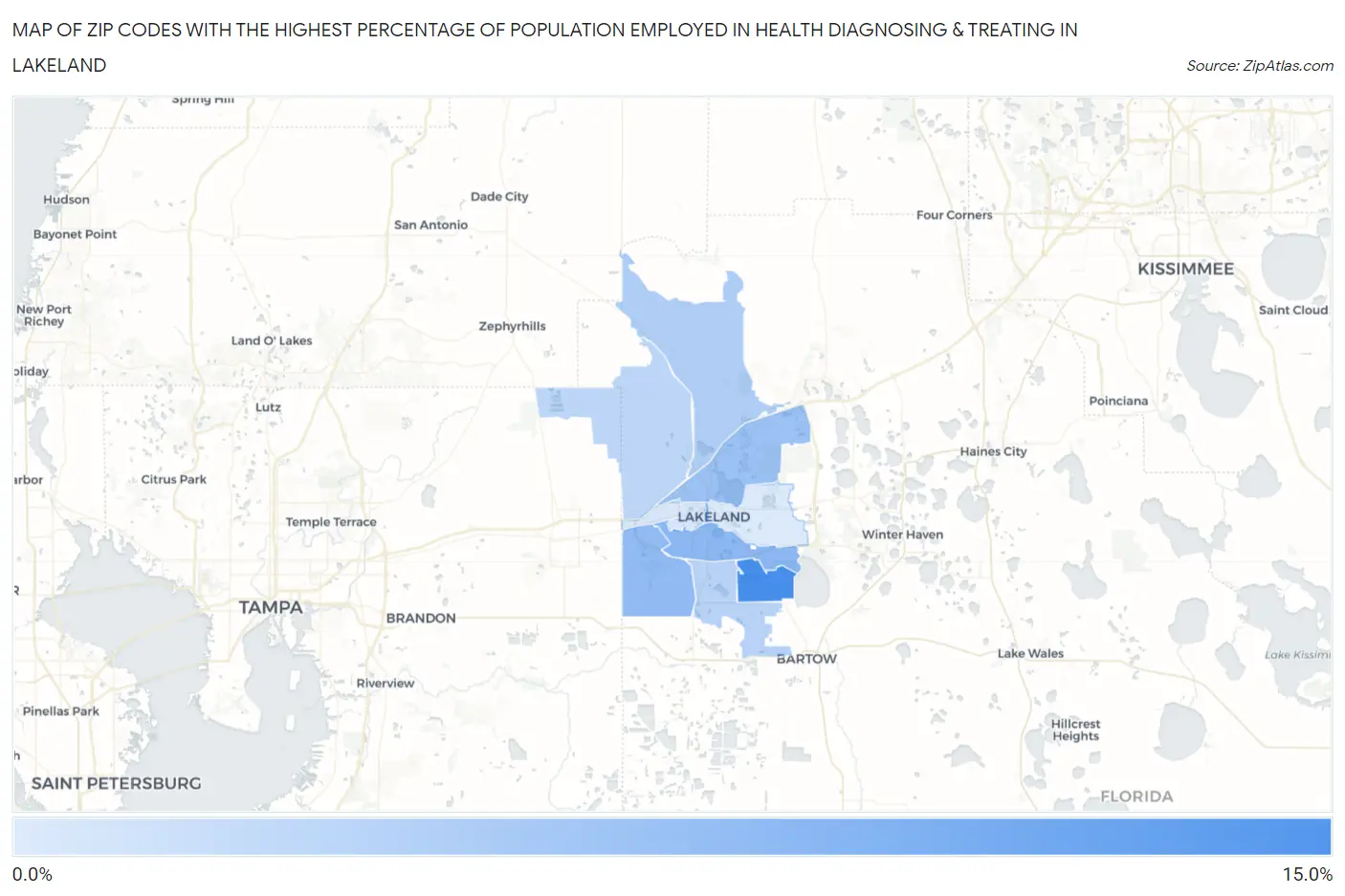 Zip Codes with the Highest Percentage of Population Employed in Health Diagnosing & Treating in Lakeland Map