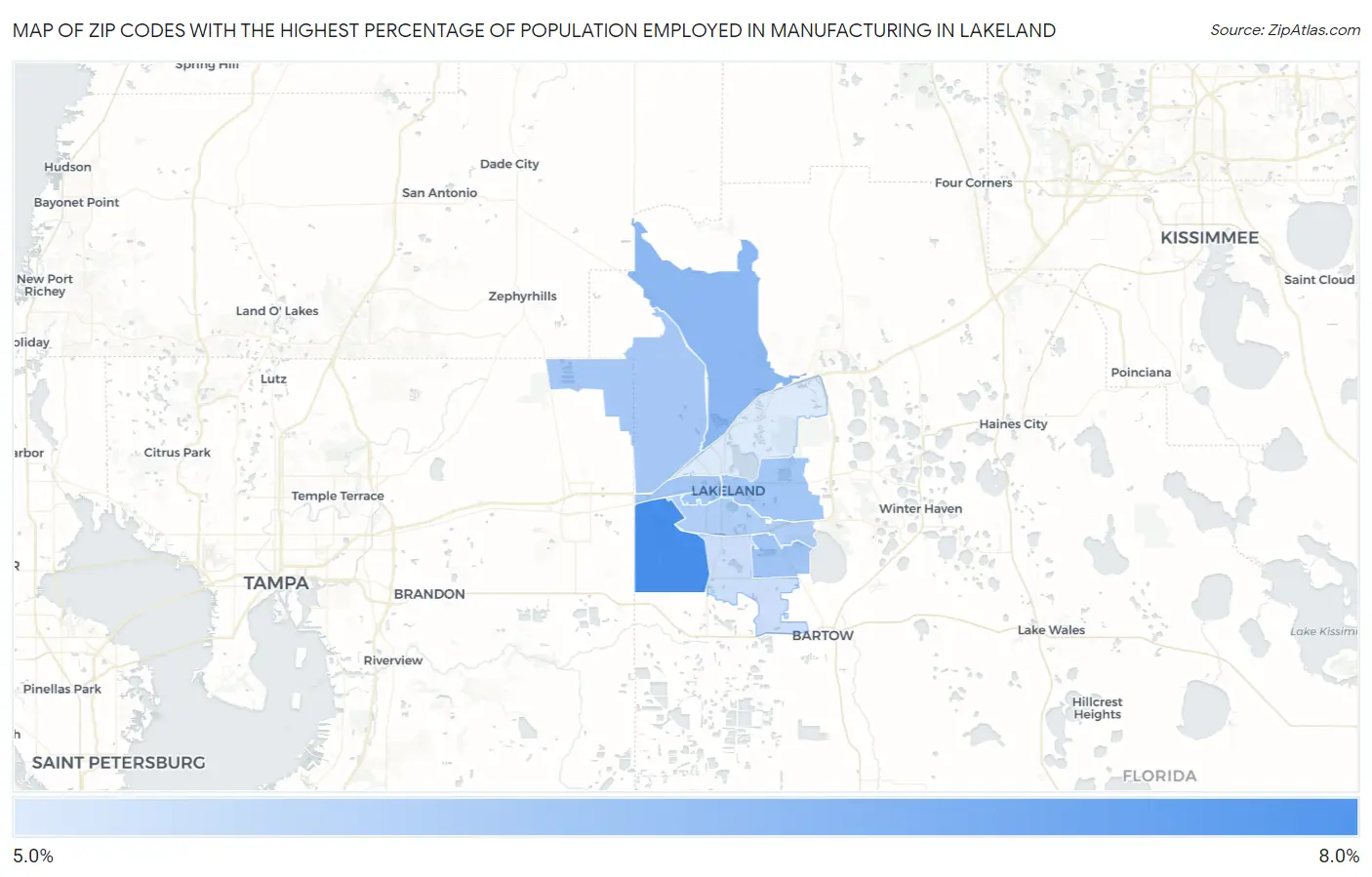 Zip Codes with the Highest Percentage of Population Employed in Manufacturing in Lakeland Map
