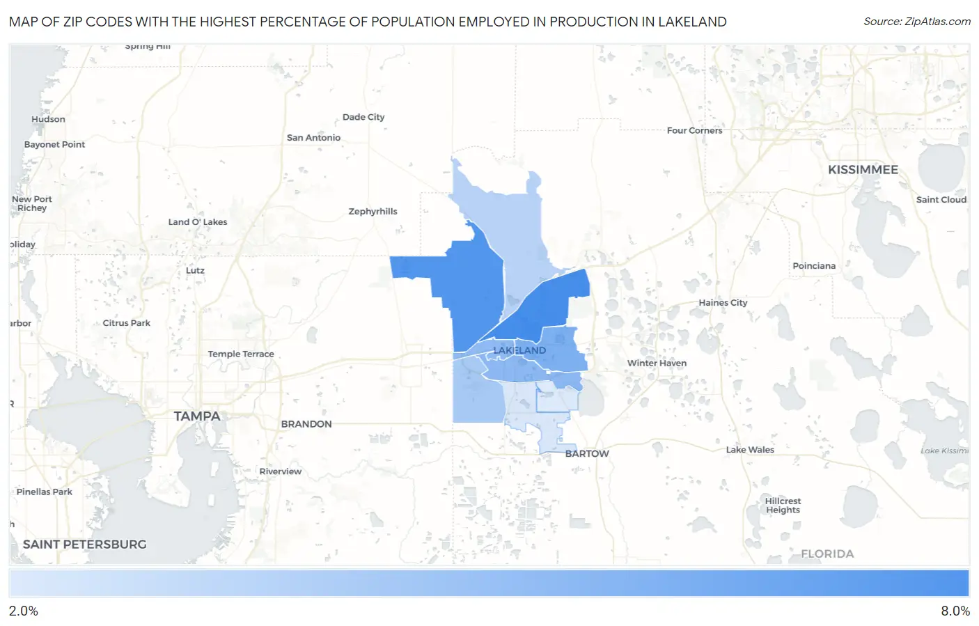 Zip Codes with the Highest Percentage of Population Employed in Production in Lakeland Map