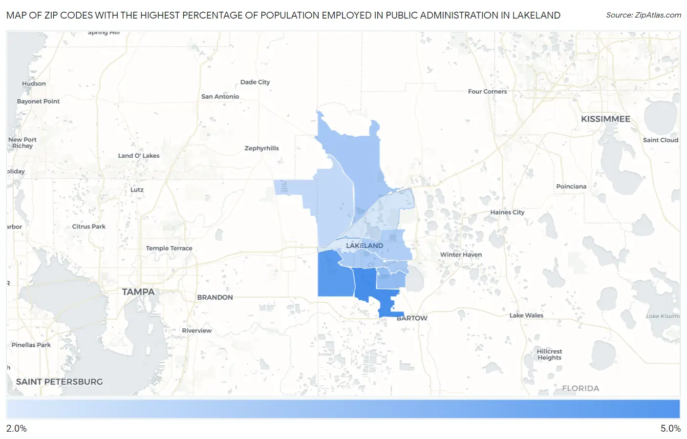 Zip Codes with the Highest Percentage of Population Employed in Public Administration in Lakeland Map
