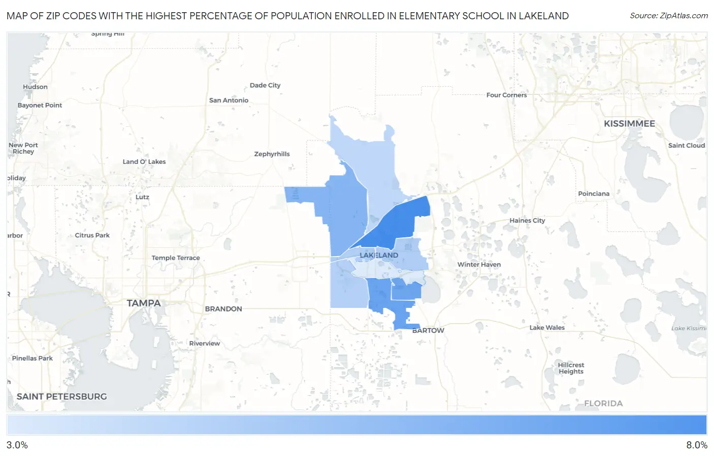 Zip Codes with the Highest Percentage of Population Enrolled in Elementary School in Lakeland Map