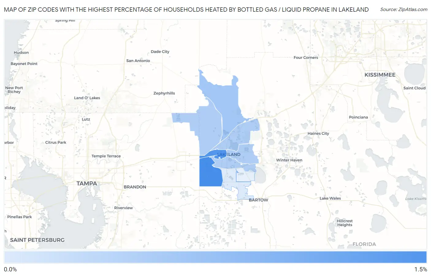 Zip Codes with the Highest Percentage of Households Heated by Bottled Gas / Liquid Propane in Lakeland Map
