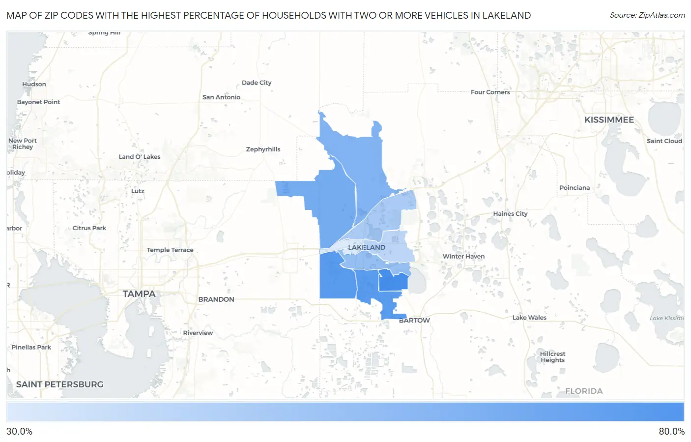 Zip Codes with the Highest Percentage of Households With Two or more Vehicles in Lakeland Map