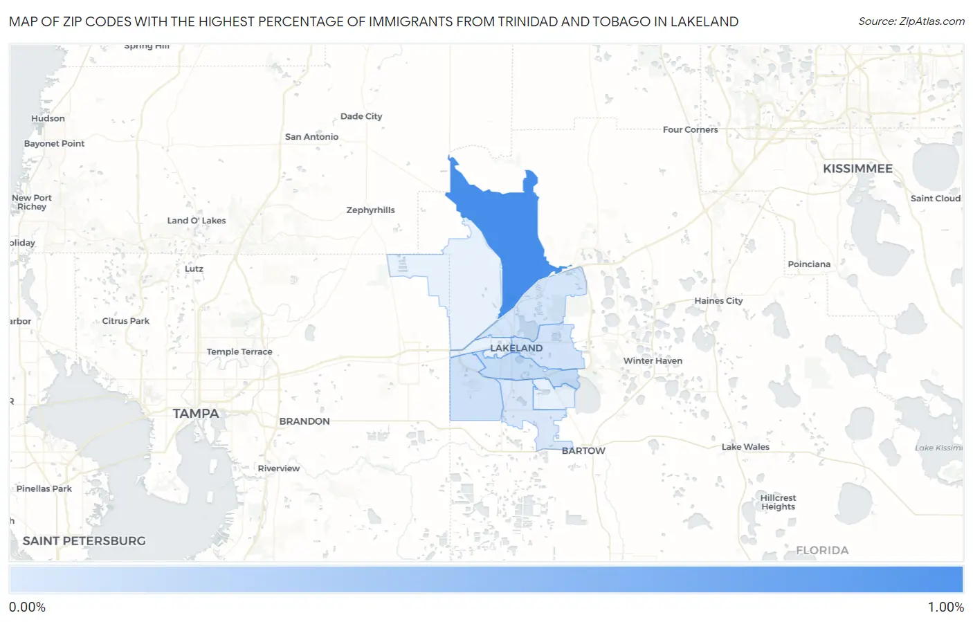 Zip Codes with the Highest Percentage of Immigrants from Trinidad and Tobago in Lakeland Map
