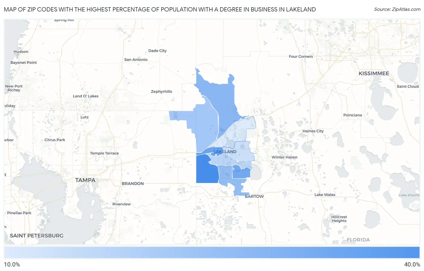Zip Codes with the Highest Percentage of Population with a Degree in Business in Lakeland Map