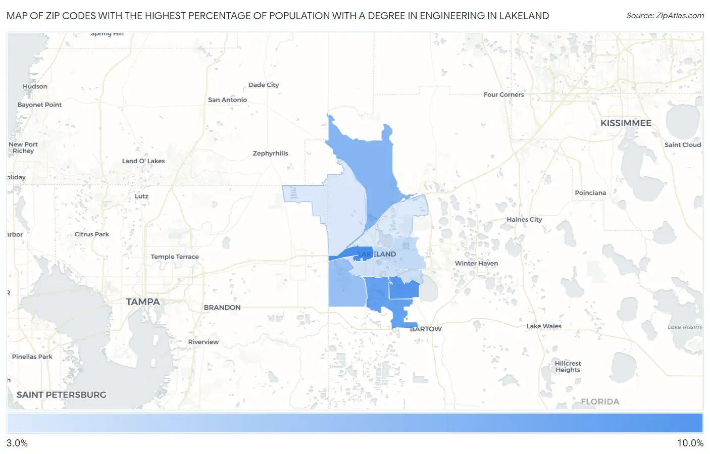 Zip Codes with the Highest Percentage of Population with a Degree in Engineering in Lakeland Map