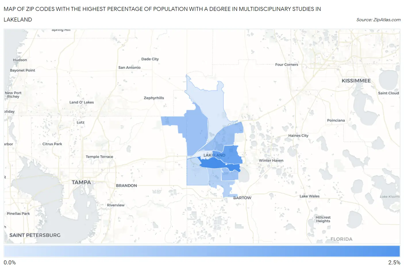 Zip Codes with the Highest Percentage of Population with a Degree in Multidisciplinary Studies in Lakeland Map