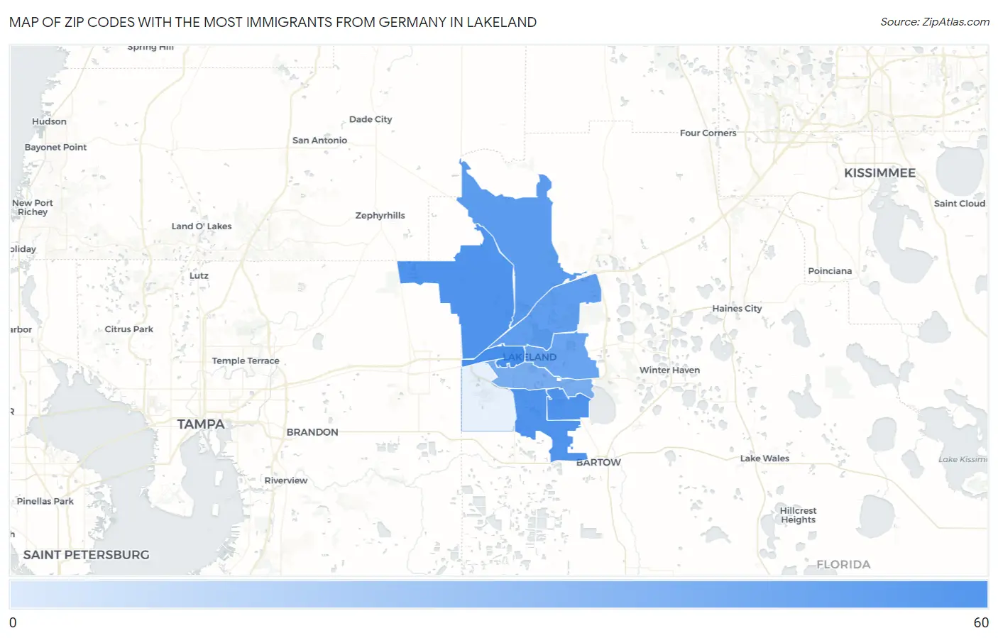 Zip Codes with the Most Immigrants from Germany in Lakeland Map
