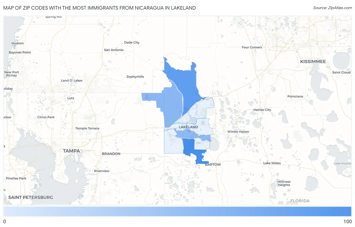 Zip Codes with the Most Immigrants from Nicaragua in Lakeland Map