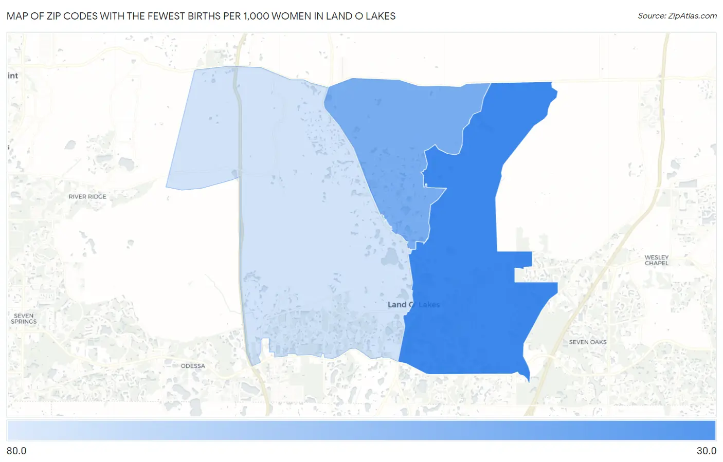 Zip Codes with the Fewest Births per 1,000 Women in Land O Lakes Map