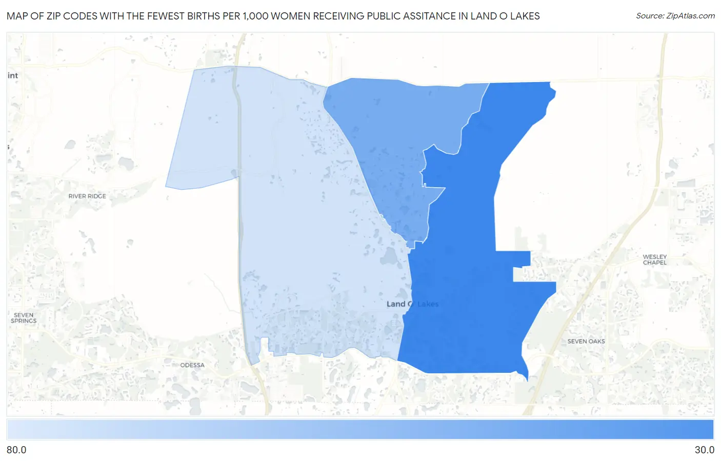 Zip Codes with the Fewest Births per 1,000 Women Receiving Public Assitance in Land O Lakes Map
