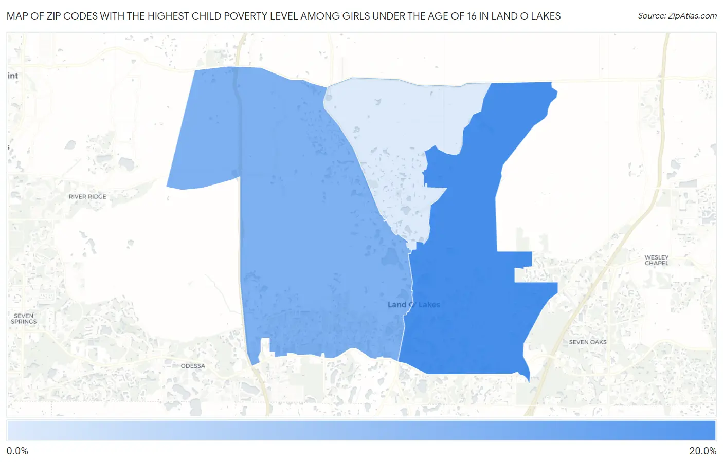 Zip Codes with the Highest Child Poverty Level Among Girls Under the Age of 16 in Land O Lakes Map