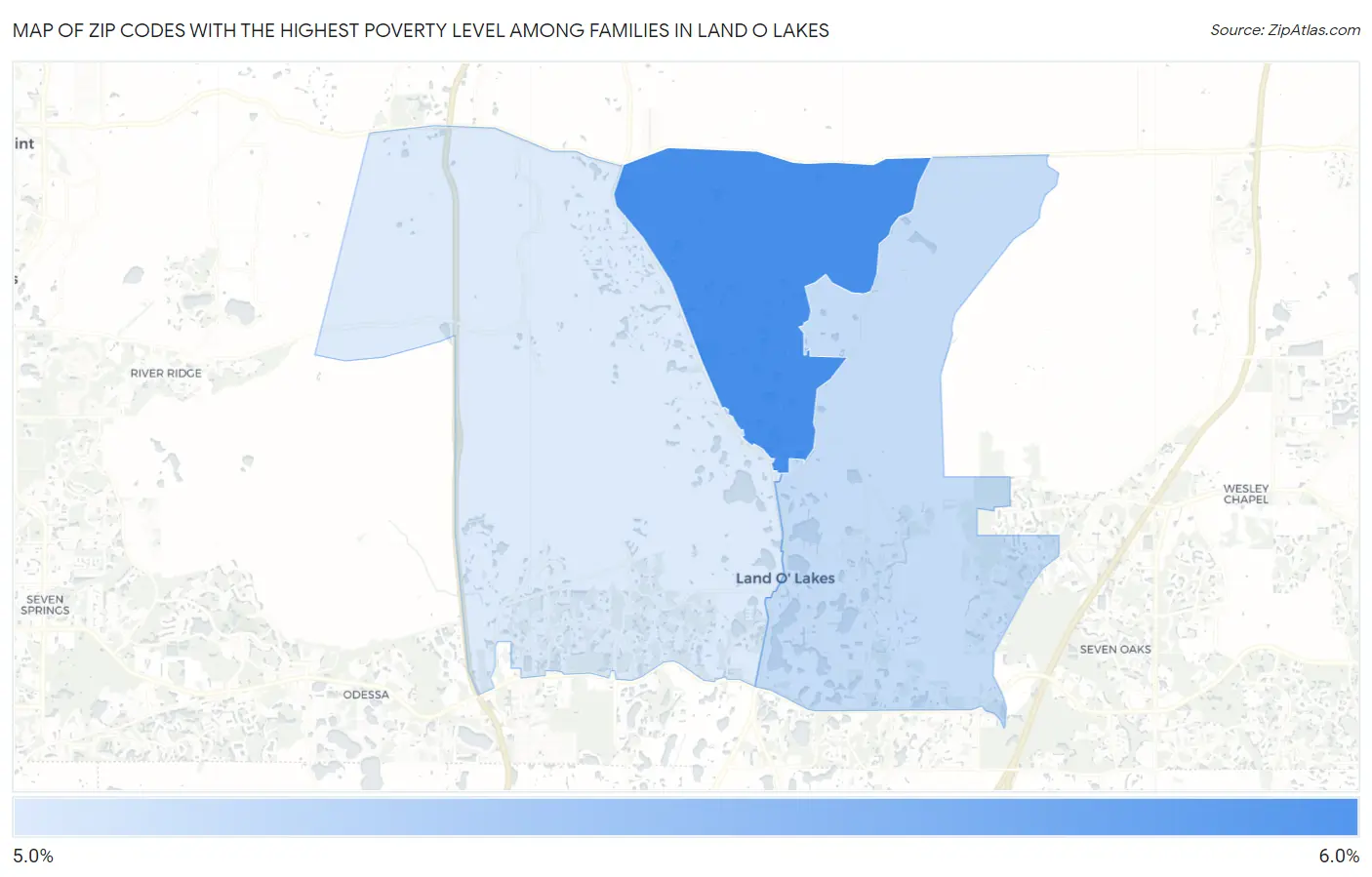 Zip Codes with the Highest Poverty Level Among Families in Land O Lakes Map